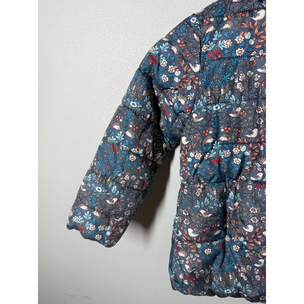 NEXT Girls Puffer Jacket 5/6 Blue Floral Bird Hedgehog Sherpa Lined Hood Zip